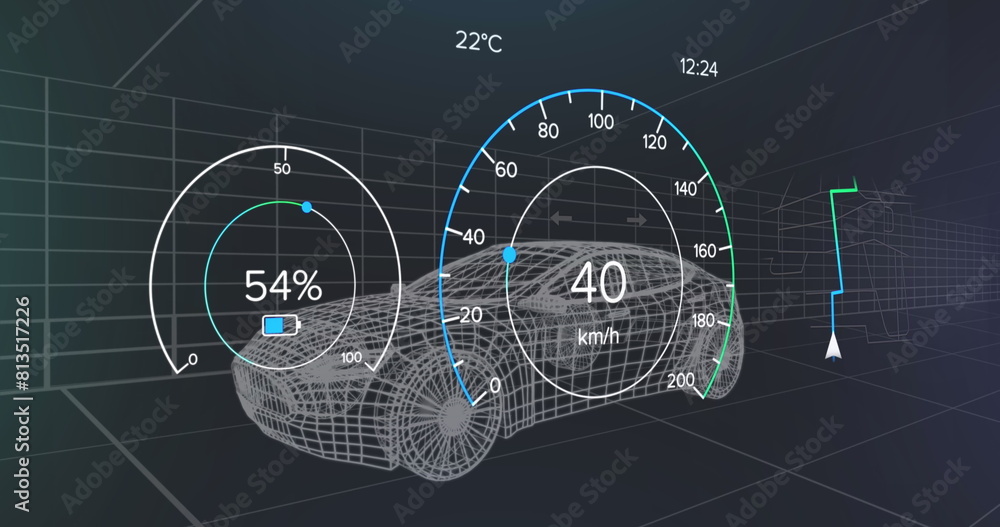 Poster image of digital dashboard data processing over car icon in seamless pattern