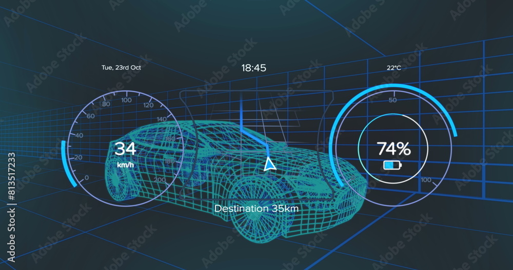 Poster image of digital dashboard data processing over car icon in seamless pattern