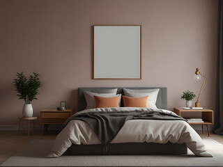 Simple modern minimalist interior bedroom decor with pastel color background. Blank space wall art mockup above the bed inside natural light bedroom. Generative AI.