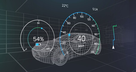 Image of digital dashboard data processing over car icon in seamless pattern