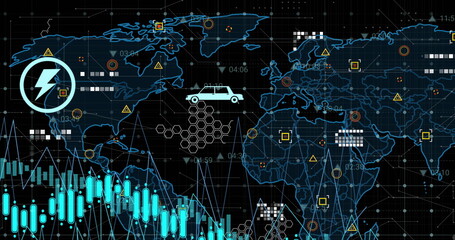 Image of digital icons over data processing and world map against black background
