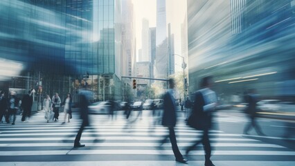 Motion speed blured business peoples waling at the street with skyscrapers