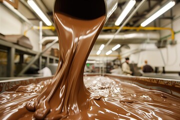 Chocolate factory. Dripping liquid chocolate. Food industry, production line. Copy space