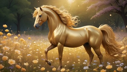 Design an elegant golden horse with flowing mane a upscaled 4