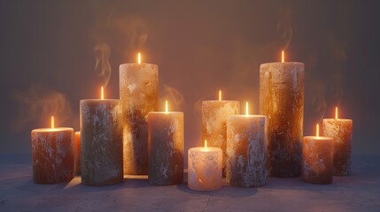Set of Pillar Candles with Flames Illuminated

