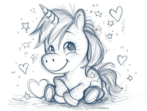 A cute drawing of a unicorn with a heart on its head