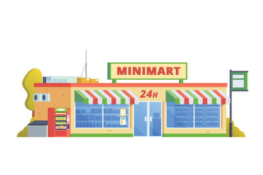 Vector illustration element of minimarket building, minimart and store building flat design style for city and background illustration