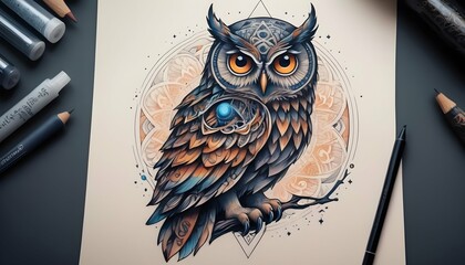 Illustrate a tattoo design of a cosmic owl with in upscaled 4