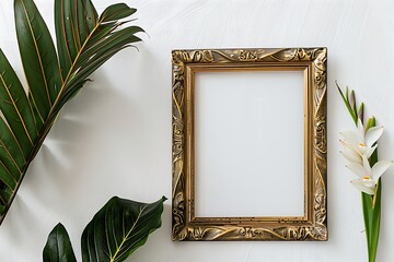 Vintage gold frame on a Vintage grey wall background.Copy space for text generate AI