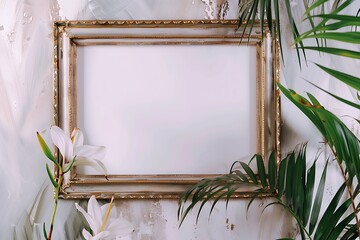 Vintage gold frame on a Vintage grey wall background.Copy space for text generate AI