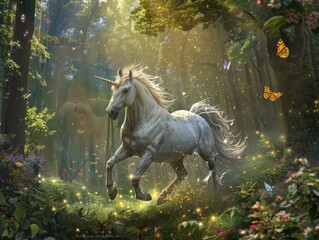 A unicorn is running through a forest with butterflies flying around it