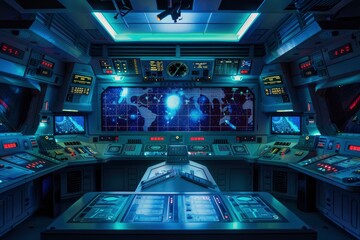 A futuristic space station with a large monitor displaying a map of the galaxy