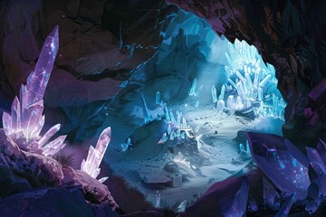 A cave with a blue sky and purple crystals