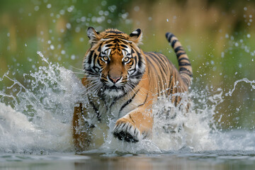 Fototapeta na wymiar Siberian tiger, Panther tigris altaica, low angle photo direct face view, running in the water directly at camera with water splashing around. Attacking predator in action. Tiger in taiga environmen