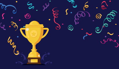 The golden cup stands on a podium with confetti scattering in the air. Congratulations to the winner on a great achievement. Template for banner, advertising, booklet.