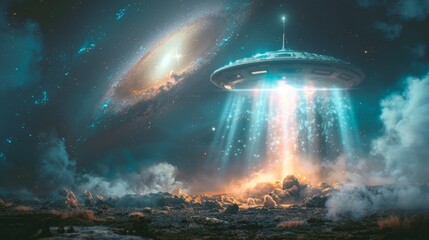 A mystical scene of a UFO emitting a sparkling aura, hovering over an alien landscape with a galaxy rising in the background