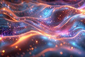 A shimmering galaxy with iridescent colors, UFOs gracefully gliding, leaving trails of sparkling light