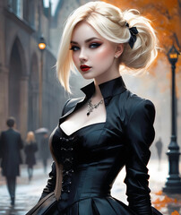 Portrait of a stylized blonde woman with dramatic makeup, clothing and cleavage.