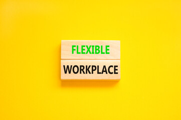 Flexible workplace symbol. Concept words Flexible workplace on beautiful wooden block. Beautiful yellow paper background. Business Flexible workplace concept. Copy space.