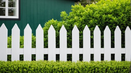 White picket fence and green bushes