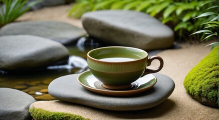 Cup of green tea on stone by pond