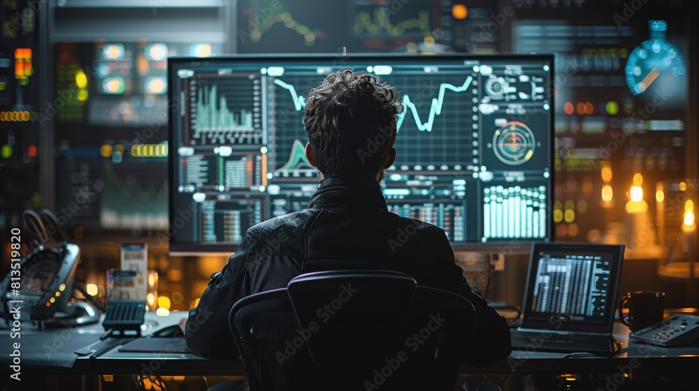 Poster a guy sitting at his desk looking at big monitor analyzing different statistics shown on the screen.