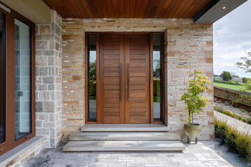 Double Wooden Front Door With Sidelights and Long Handles