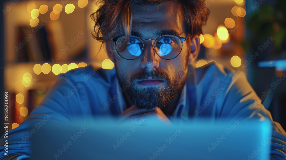 Aufkleber staying late to get it done. a young businessman looking at the computer at his desk during a late n