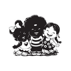 A black and white drawing of two children with vector  