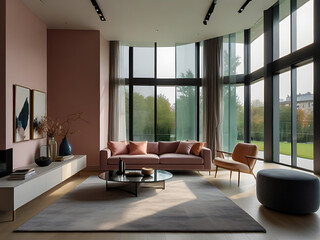 Modern luxurious living room with windows and landscape. Residential apartment interior decor. Generative AI.