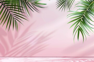 Fototapeta premium A soft pink background with two palm leaves on the right side, creating an elegant and minimalist aesthetic for wedding branding materials or graphic designs. white wall with palm leaves