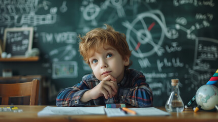 Cute little boy with math formulas and problems on his mind