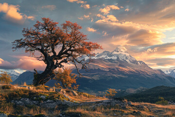 Beautiful mountain landscape view during sunset with tree 