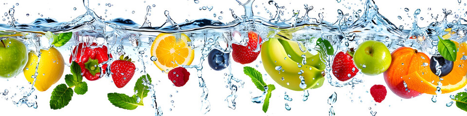 Fresh multi fruits and vegetables splashing into blue splash water. olorful Fruits and Vegetables Splashing in Blue Water
