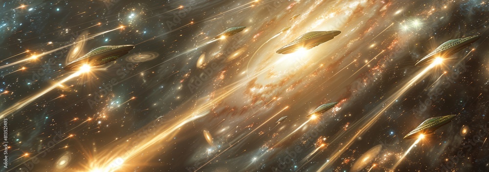 Wall mural dynamic scene of multiple ufos racing through a sparkling galaxy, emitting beams of light and pulsat