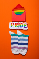 LGBT parade concept, symbols on orange background.