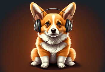 Corgi wearing headphones. Cute pet. Dog Audiophile. Music for everyone concept.