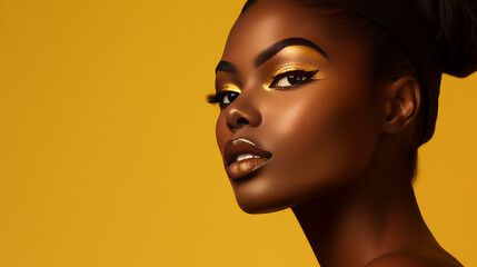 Portrait of a Beautiful, sexy, happy smiling dark-skinned African American woman with perfect skin, on a yellow background, banner.