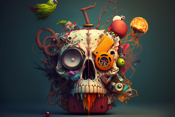 Colorful skull with parrot on top creative illustration