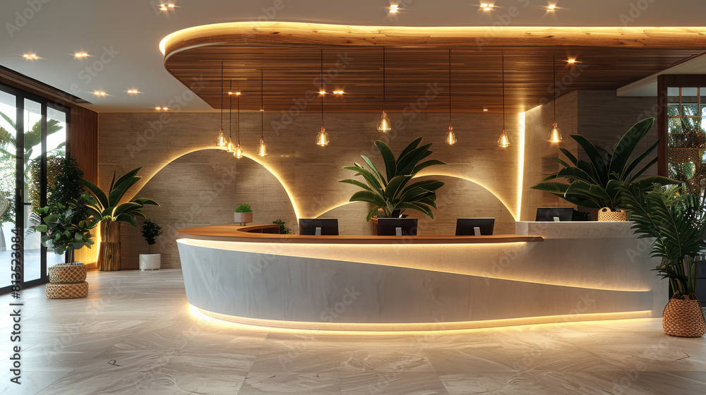 Aufkleber a spa reception area with curved wood backing wall that arches over the reception desk, minimalist w
