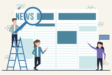 Flat design illustration for newspaper concept. Man and woman looking for information in newspaper