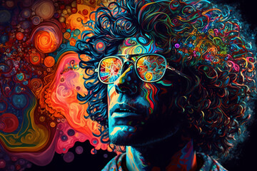 Vibrant artwork portrait with curly-haired man glasses
