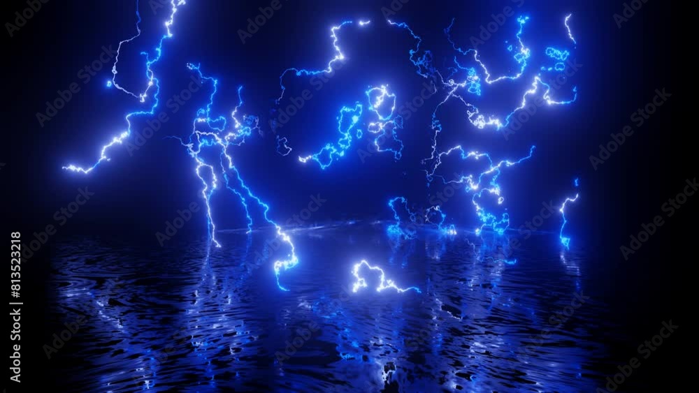 Poster neon design of blue lighting 4k video with various neon elements and a reflecting floor. looped 3d r
