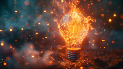 An immersive photograph featuring a large light bulb suspended in mid-air, surrounded by a whirlwind of colorful sparks and glowing particles, symbolizing the birth of innovative i