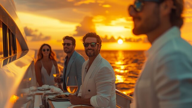 A group of billionaires enjoying a corporate event on luxury yacht. Generative AI.
