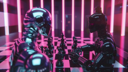 Minimalist Neon Arena: Retro-Futuristic Robot VS Human Chess Front View.
