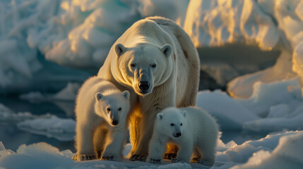 Two Polar Bears With Their Cubs in the Arctic