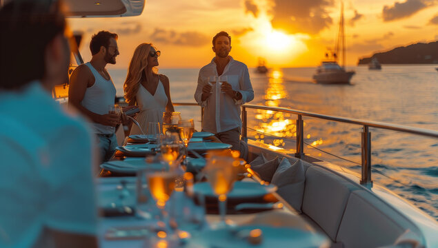 A group of billionaires enjoying a corporate event on luxury yacht. Generative AI.
