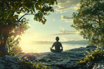 Person meditating on a rock by tranquil waters surrounded by greenery and mist.