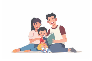 Illustrated family studying together with books and smiles.